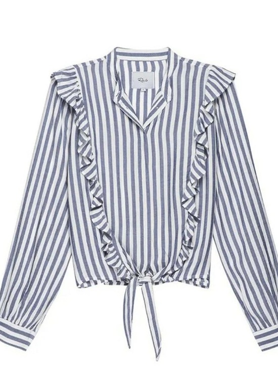 Rails Tops - Rails White & Navy Striped Tie-Front Ruffle Blouse Size L